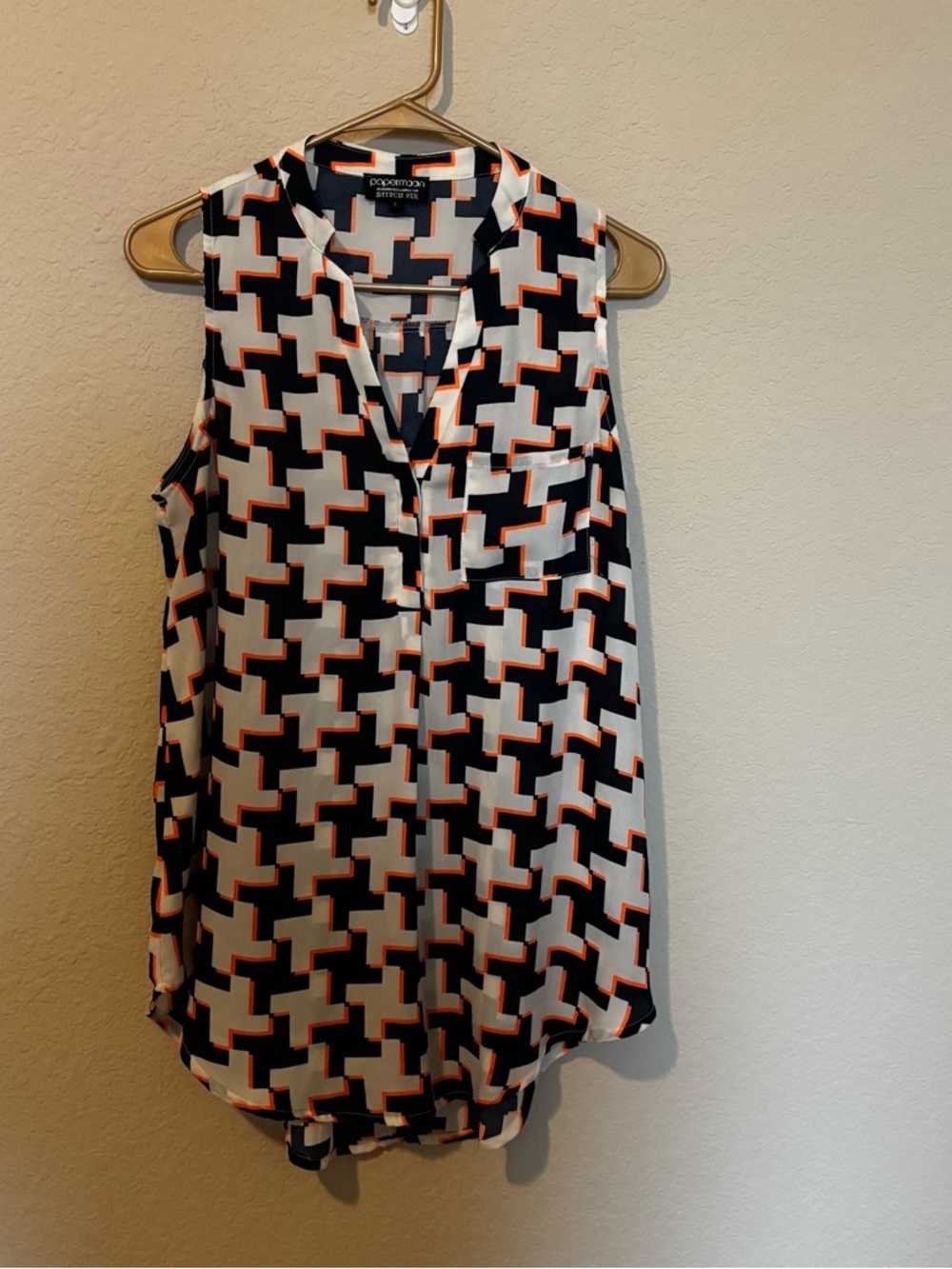 Papermoon Womens Blue White Orange Geometric Sleeveless Blouse Size Large